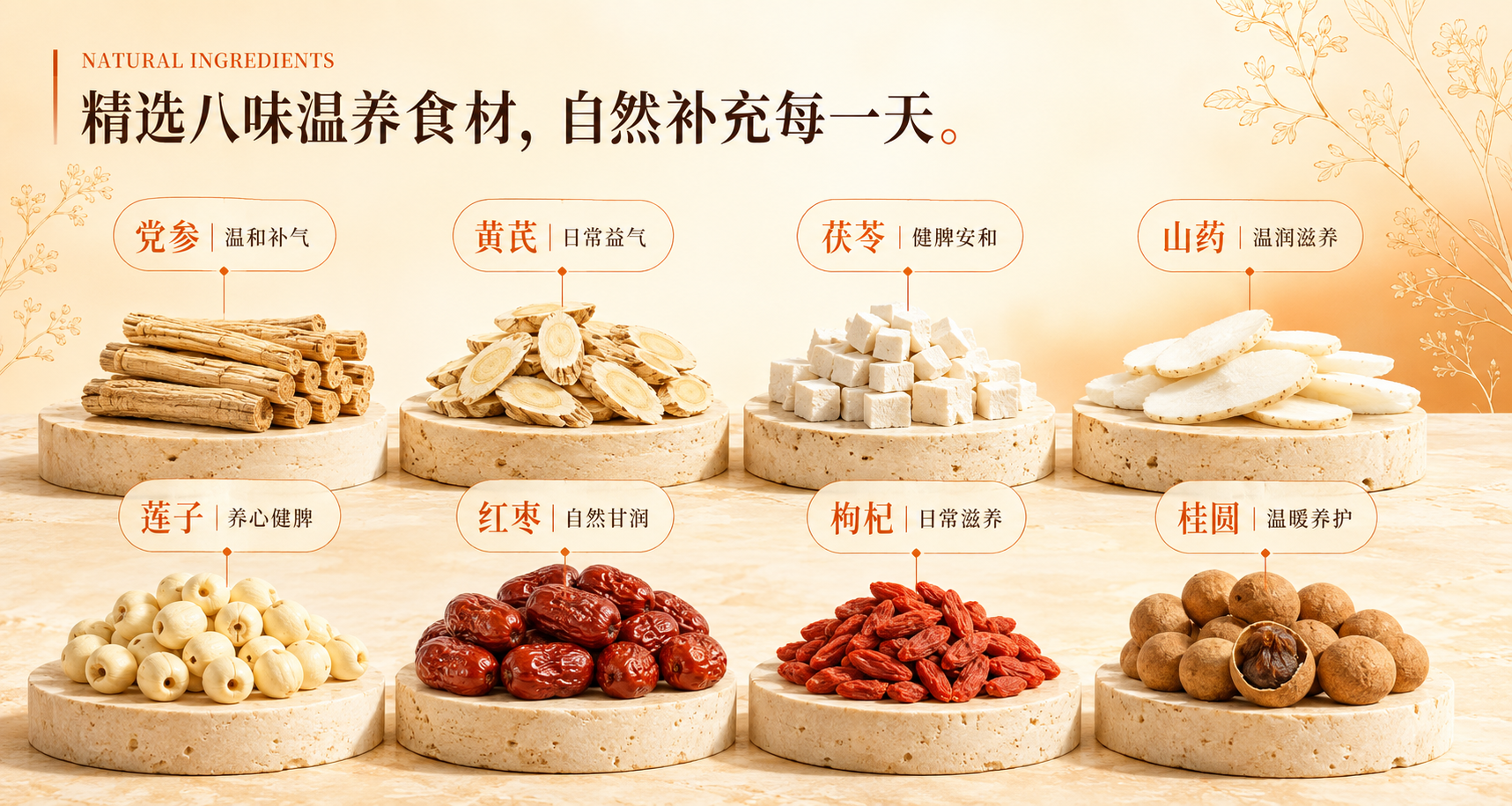 脾胃益气汤精选八味温养食材：党参、黄芪、茯苓、山药、莲子、红枣、枸杞和桂圆